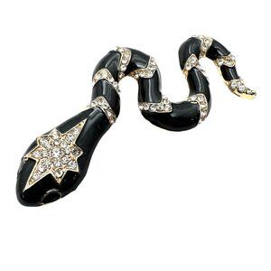 Womens Snake Brooch Pin Pendant Black Enamel Clear Rhinestone Gold Tone